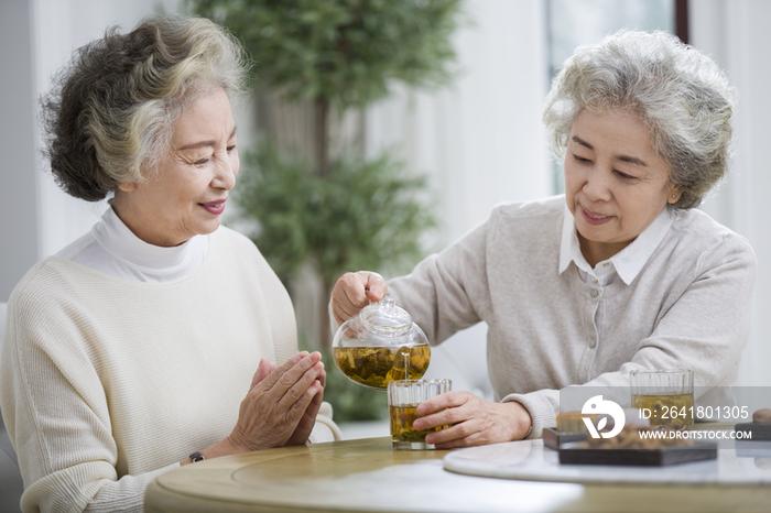 快乐的老年女子喝茶聊天