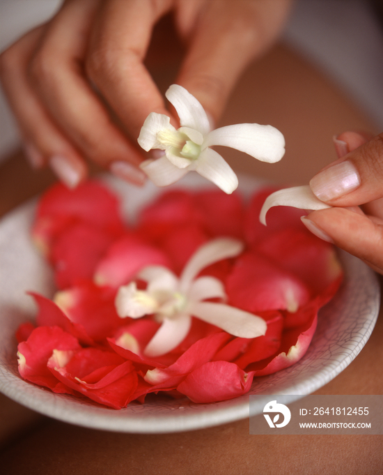 Woman putting flowers in a little bowl