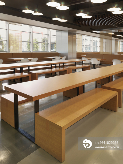 Ceiling lights over wooden benches and empty tables in the restaurant