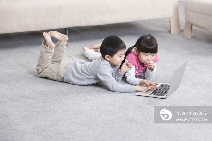 小男孩和小女孩在地毯上看笔记本电脑