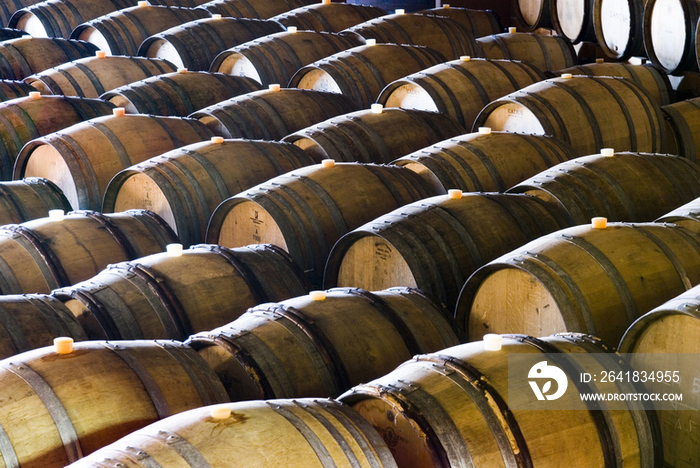 Italy, barrels in a cellar of Bellavista Wine Estate - Erbusco