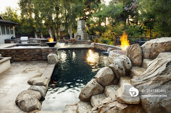 Patio with pool and fireplace