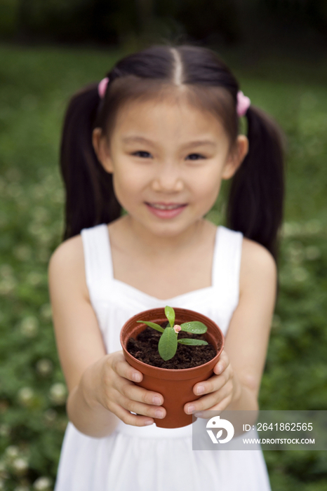 小女孩和盆栽植物