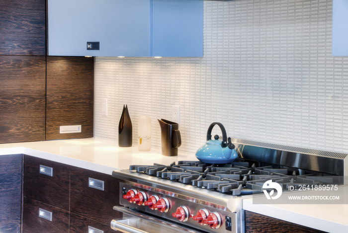 Blue kettle on stove in contemporary house; San Francisco; California; USA