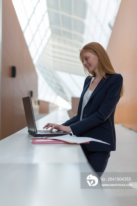 Businesswoman working at laptop in modern office