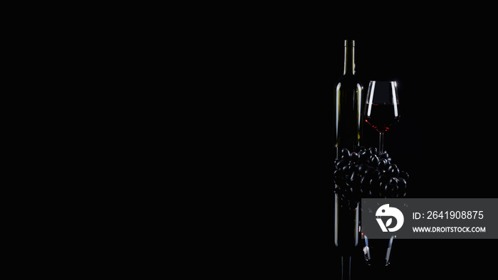 A glass and bottle of red wine and red grapes with reflaction on dark background