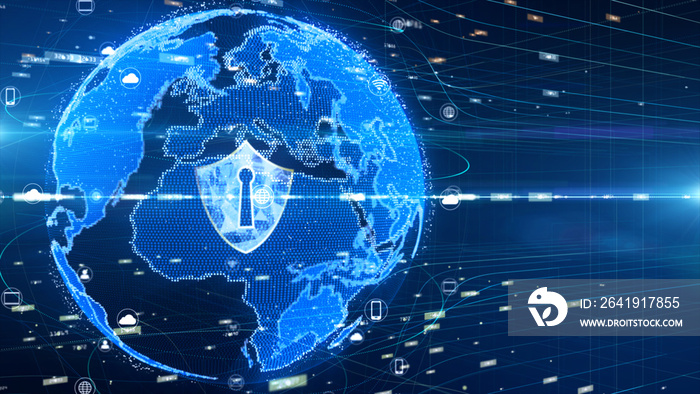 安全全球网络上的盾牌图标，连接的数字数据网络，网络安全概念。地球
