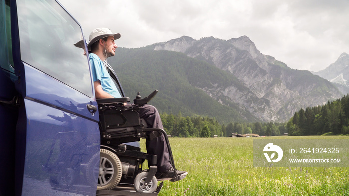 electric lift specialized vehicle for people with disabilities. Empty wheelchair on a ramp with natu