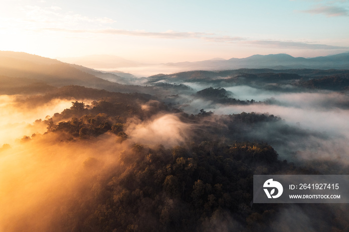 Flying above the clouds sunrise and fog