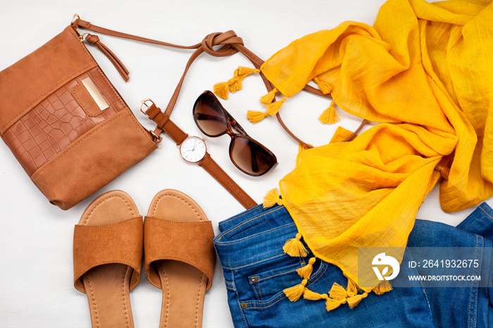 Summer style. Fashion summer girl clothes set, accessories. Trendy sunglasses, slippers, handbag clu