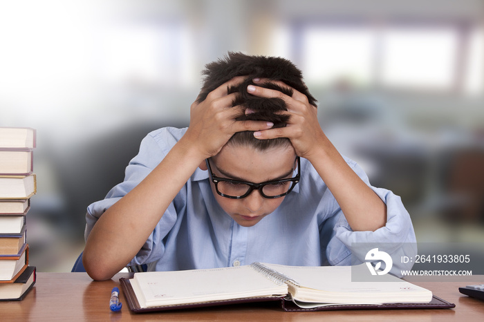 child studying at the desk with the open book