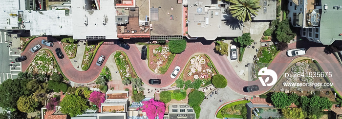 Panorama view aerial Lombard Street, an east–west street in San Francisco, California. Famous for st