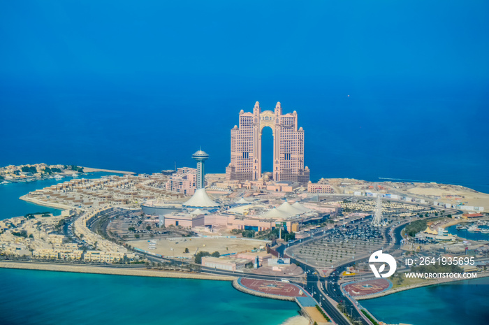 Birds eye and aerial drone view of Abu Dhabi city from observation deck