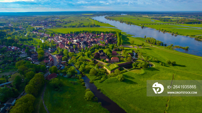 Aerial view of the town Dömitz in Germany on a sunny morning in spring