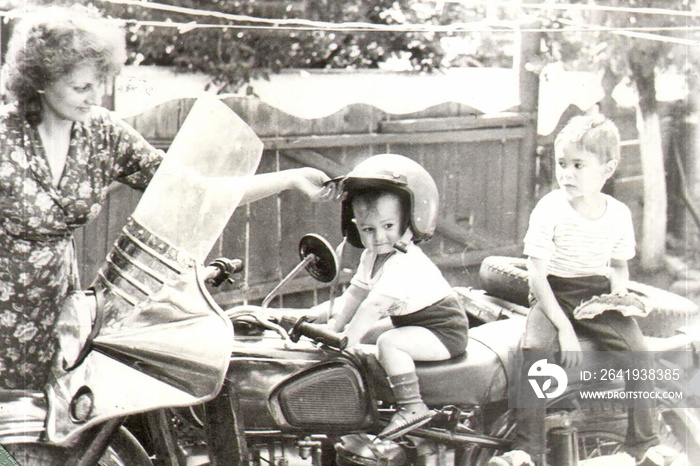 Old family photo in black and white, child and childhood