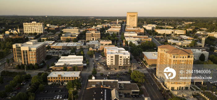 Aerial View Over the Downtown City Skyline and Buildings of Spartanburg NC