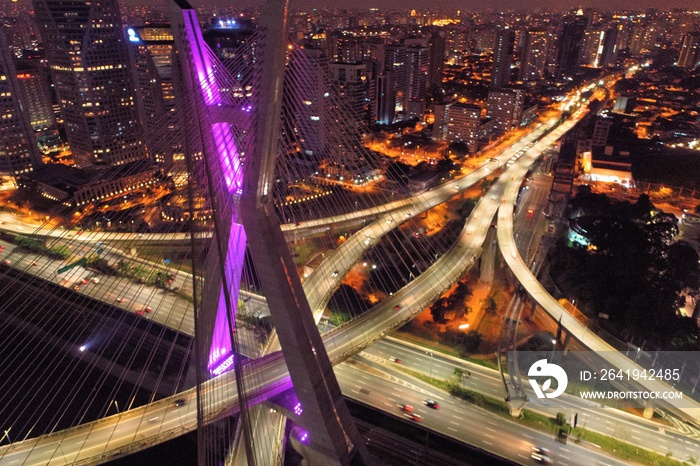 Estaiadas bridge night aerial view. São Paulo, Brazil. Business center. Financial Center. Great lan