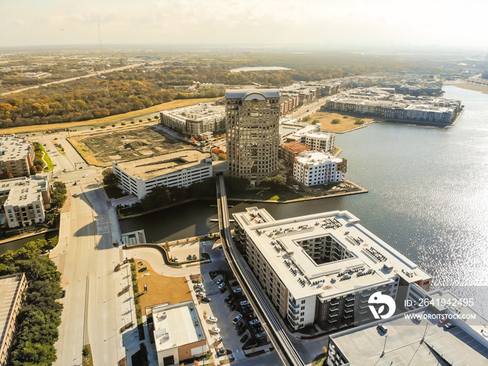 Aerial view downtown Las Colinas, Irving, Texas and light rail system (Area Personal Transit, APT). 