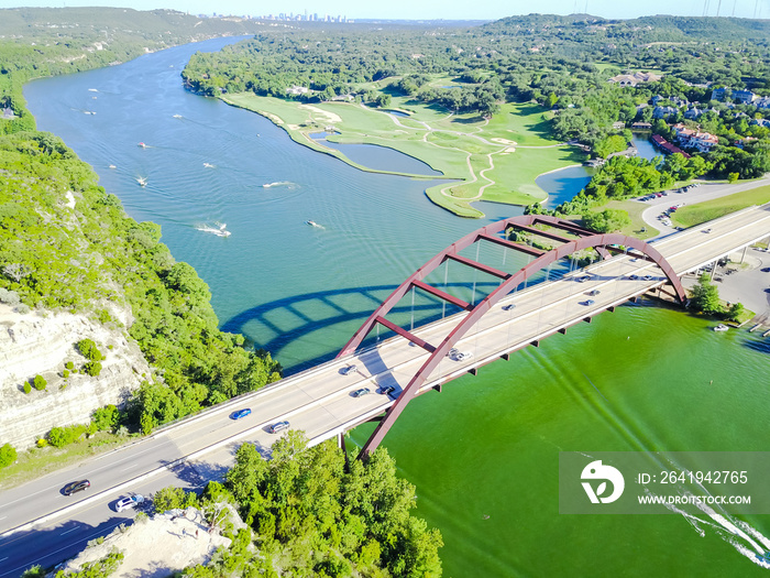 Aerial view Pennybacker Bridge or 360 Bridge, a landmark in Austin, Texas, US. Variety of high speed