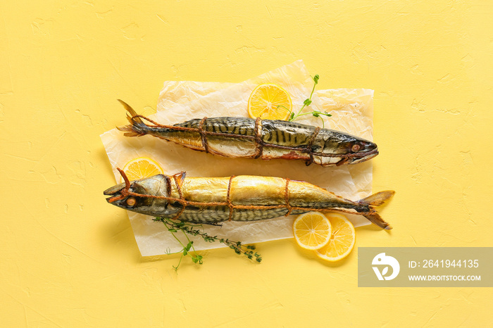 Smoked mackerel fishes on yellow background