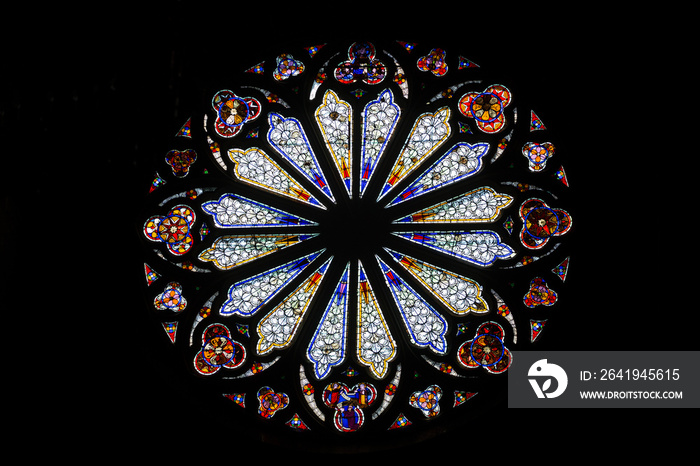 在Wissembourg的彼得和保罗大教堂，美丽的彩色玻璃，黑色背景。伊玛