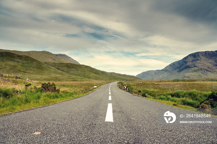 Small narrow road into mountains with sheep walking by. Connemara, county Galway, Ireland. Travel an