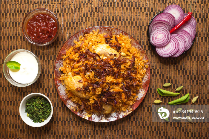 美味的辣鸡肉Biryani，放在竹餐巾上的盘子里，印度或巴基斯坦食物。