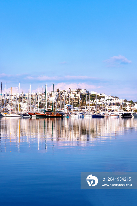 Close up photo of bodrum marina at sunrise in Bodrum, Mugla, Turkey. Tourism and leisure concept.