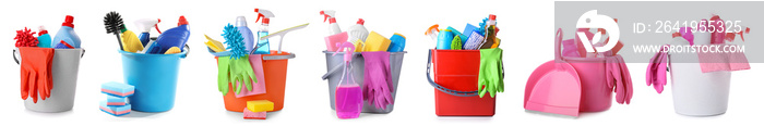 Set of cleaning supplies in buckets on white background