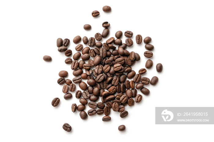 Roasted coffee beans isolated on white background. Close-up.