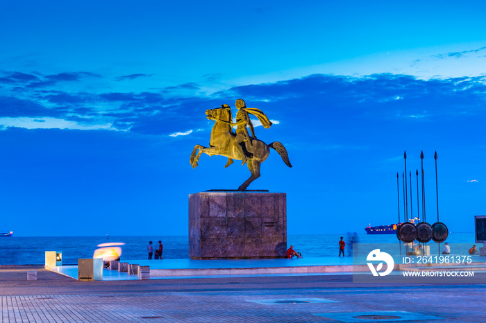 Night view of the Statue of Alexander the Great in Thessaloniki, Greece