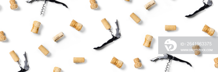 wine corks background on a white backlit background. wine background with corks and corkscrew for fa