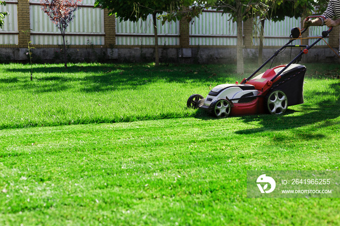 Gardener by electric lawn mower cutting green grass in the garden. Garden meadow lawn cutting. Worke