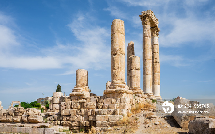 Ruins of the Temple of Hercules on the top of the mountain of the Amman citadel with a view of the a