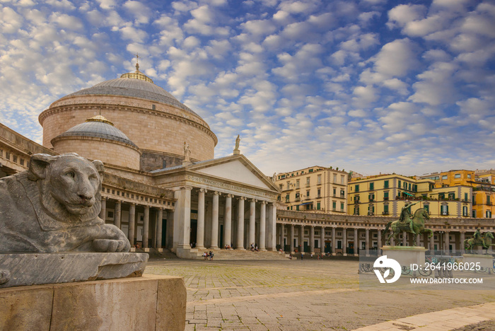 Naples, Italy, Exterior view of Basilica Reale Pontificia San Francesco da Paola church on Piazza de