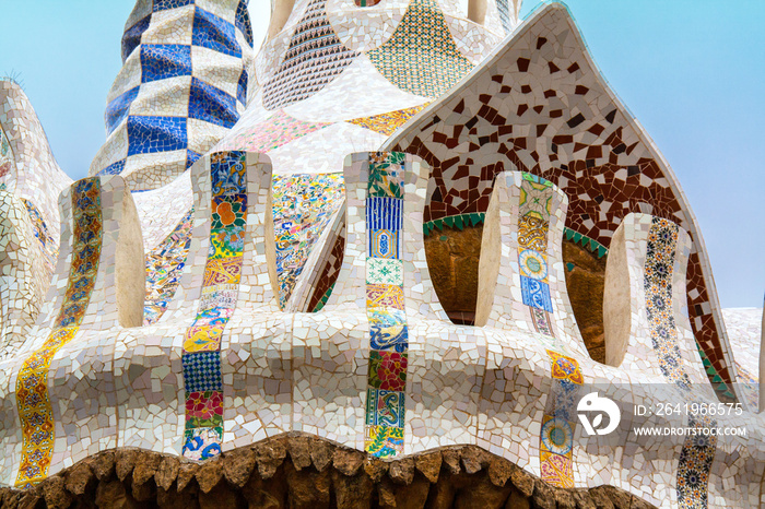 Détail de la maison de Gaudi, Parc Güell, Barcelone, Catalogne, Espagne