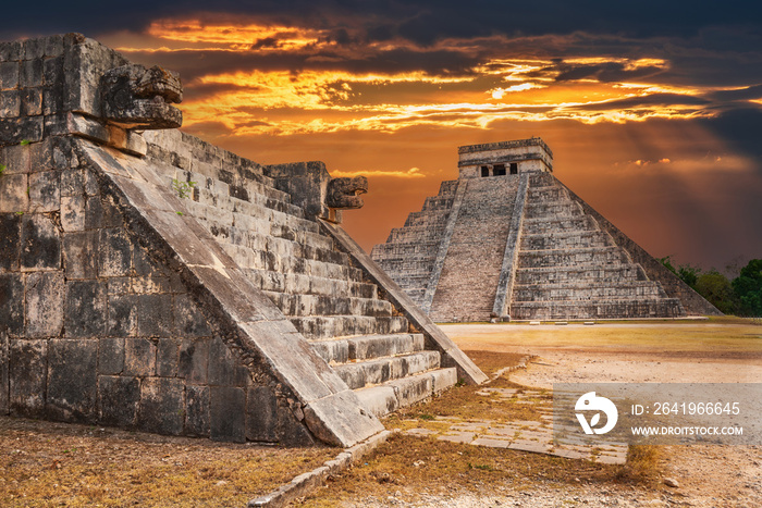 Chichen Itza - Twilight with Jaguar and temple of Kukulkan, Mexico landmark