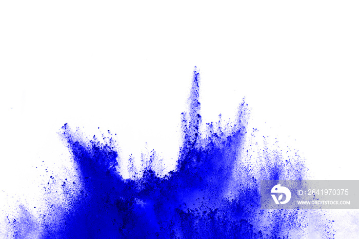 Abstract of blue powder explosion on white background. Blue powder splatted isolate. Colored cloud. 
