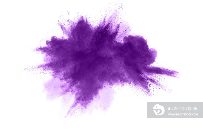 抽象的紫色粉末在白色背景下爆炸，紫色粉末飞溅的冻结运动。