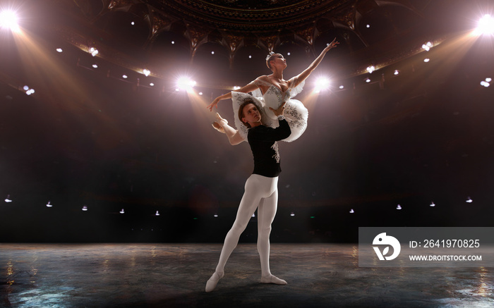 Ballet. Classical ballet performed by a couple of ballet dancers on the stage of the opera house.