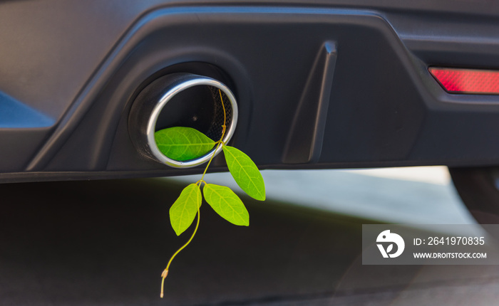 环保电动混合动力汽车排气消声器中绿叶的环保概念