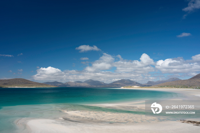 Seilebost and Luskentyre beaches on a bright sunny day with lots of copy space at top. Isle of Harri