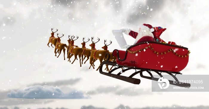 Composition of santa claus in sleigh pulled by reindeer over snow falling and clouds background