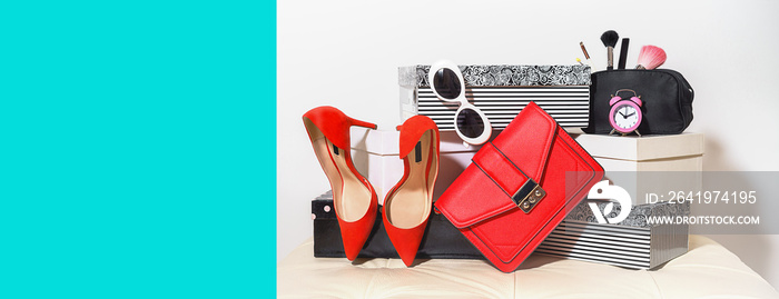 Flat lay outfit layout trendy female accessories red shoes handbag clutch sunglasses cosmetics alarm