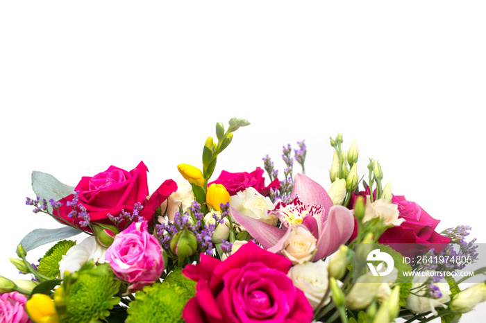 flower arrangement with roses, freesias in a pot on a white background