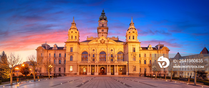 Gyor, Hungary. Panoramic cityscape image of Gyor downtown with Gyor Town Hall during beautiful sunri