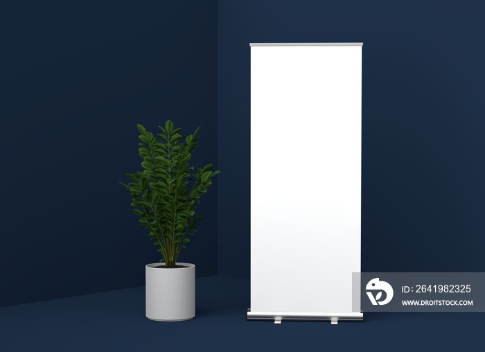 Roll Up Banner Stand Mockup in geometric room, 3D rendering.