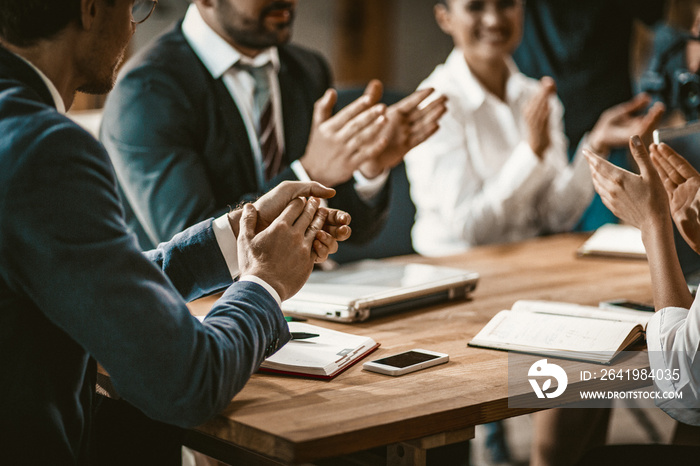 Applause Of Business Team, Diverse Group Of Office Worker Applauds After Brainstorming Time Sitting 