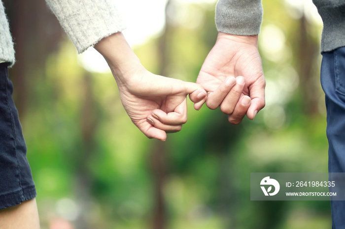 Couple lovers holding hands towards the sun with bright sun flare in parks, or close up view in a co