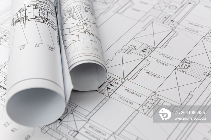 技术图纸和蓝图卷式特写。工程概念